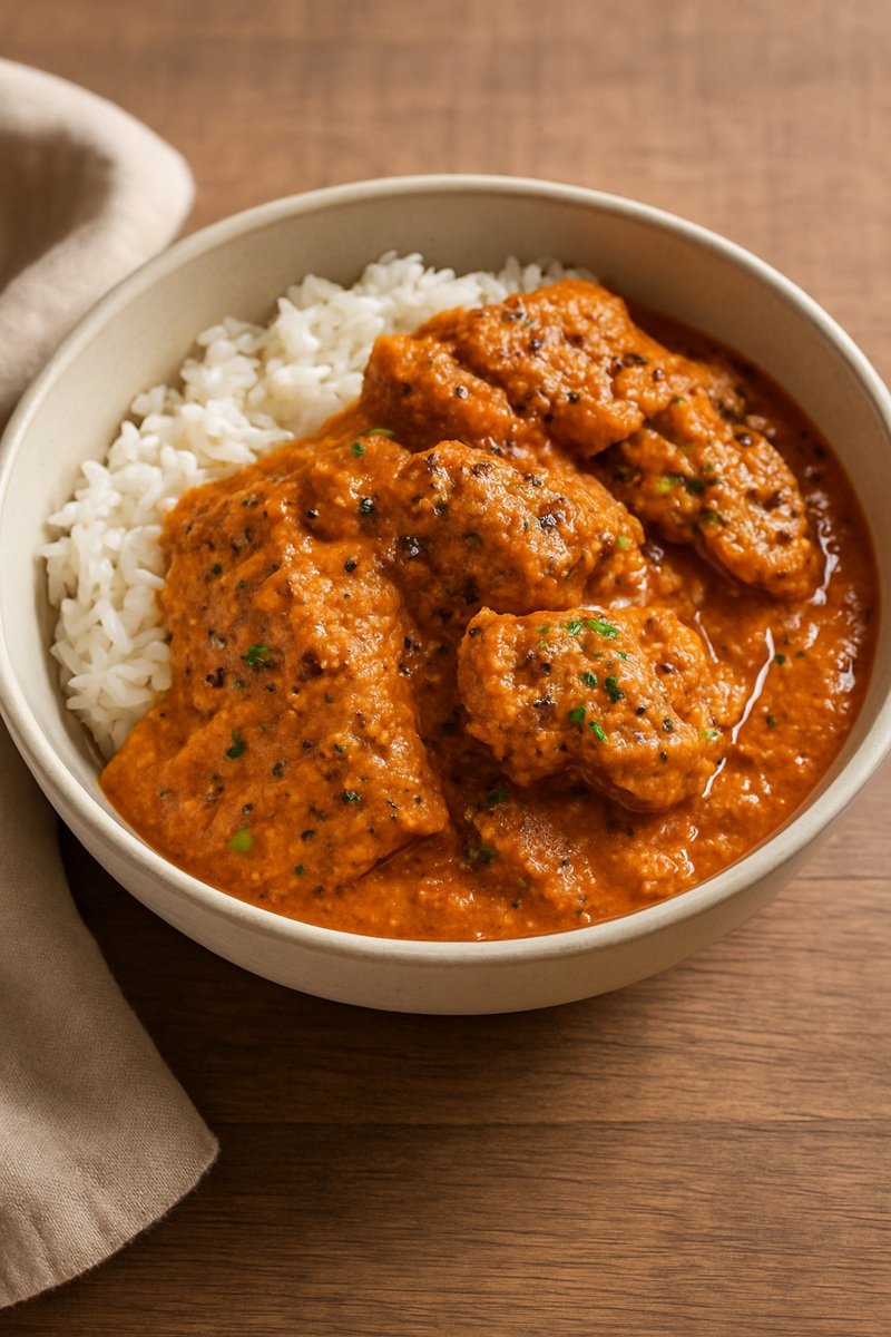 Butter Chicken and rice in a bowl