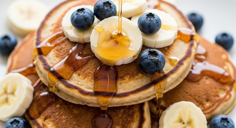 Close up image of banana pancakes with syrup and berries
