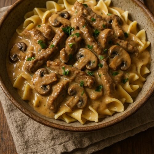 Beef stronganoff on a plate