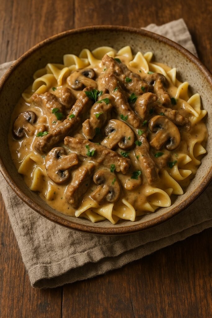 Beef stronganoff on a plate