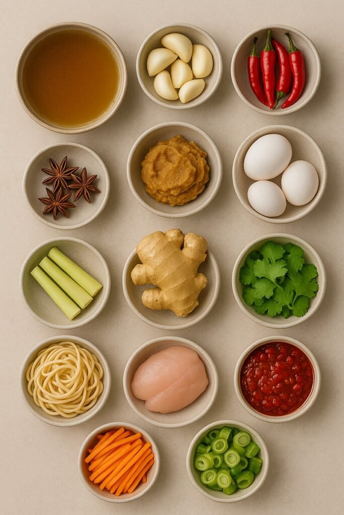 Chicken Ramen ingredients in small round bowls