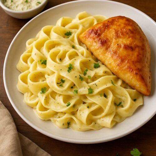 Pasta Alfredo with chicken, placed on a plate
