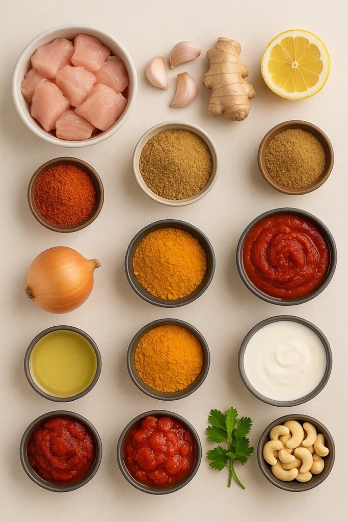 Chicken Tikka Masala ingredients in small round bowls