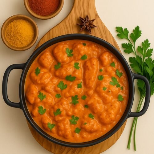 Chicken Tikka Masala in cast iron pot on a wood board