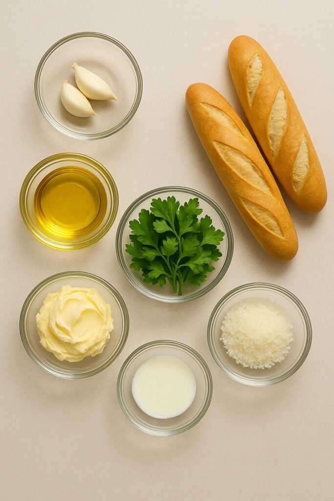 Ingredients for garlic bread placed on a neutral surface