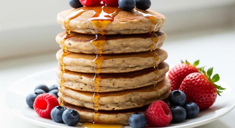 Healthy pancakes pile on a plate with berries syrup