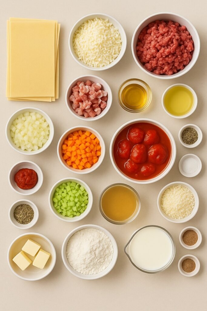 Lasagna ingredients in small bowls