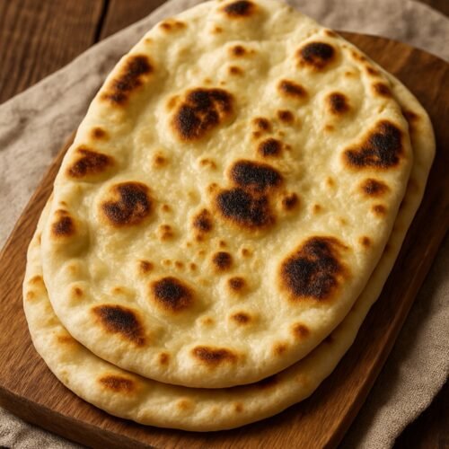 Naan bread on a wood plate
