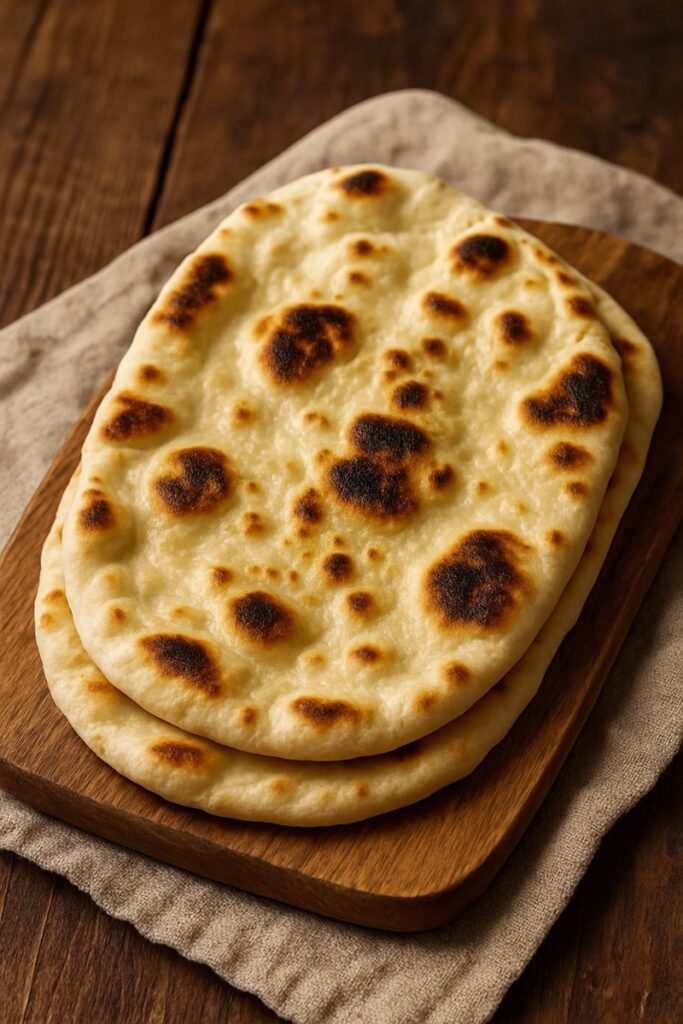 Naan bread on a wood plate