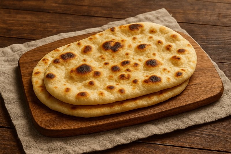 Naan bread on a wood plate