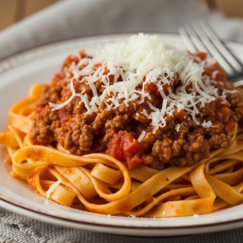 Pasta Bolognese on a plate.