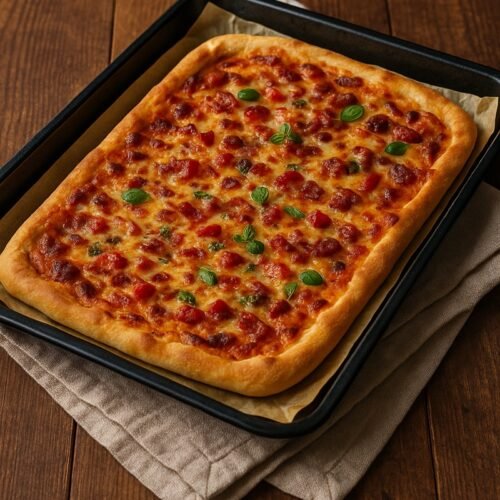Sheet pan pizza on top a rag on a wood table