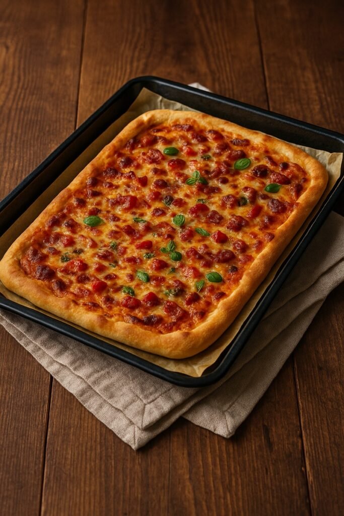 Sheet pan pizza on top a rag on a wood table