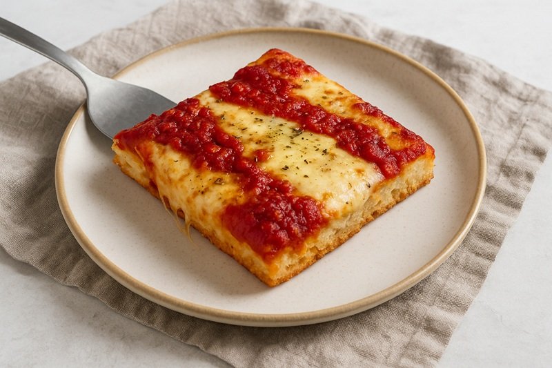 Sheet pan pizza slice on a plate