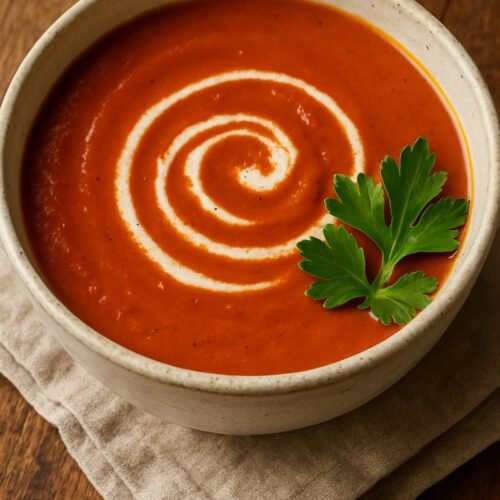Homemade tomato soup in a bowl with swirl of cream and decorative parsley.