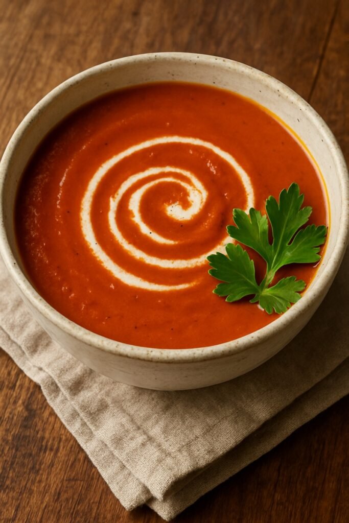 Homemade tomato soup in a bowl with swirl of cream and decorative parsley.