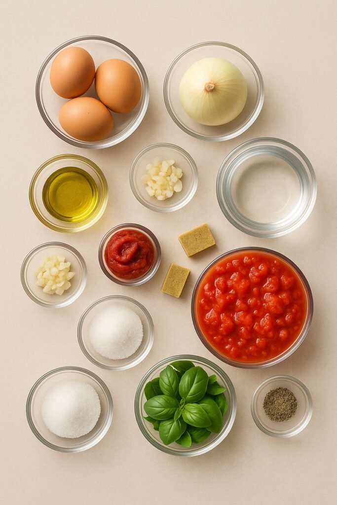 Tomato soup ingredients placed on a neutral surface