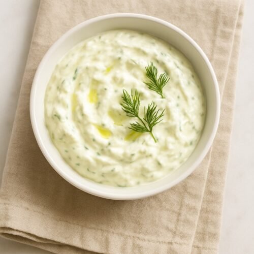 Bowl of Tzatziki on top of a rag
