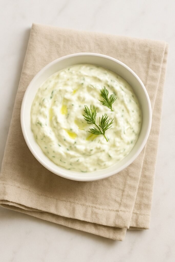 Bowl of Tzatziki on top of a rag