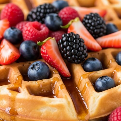 Belgian Waffles on a plate with berries and syrup on top