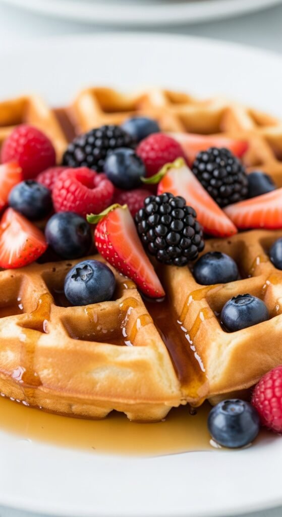 Belgian Waffles on a plate with berries and syrup on top