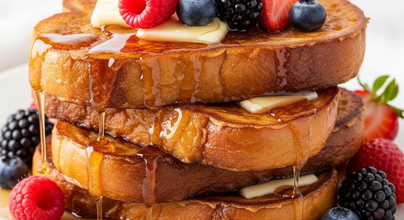 Close up image of French Toast with syrup and berries