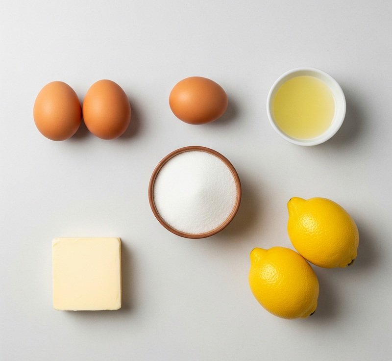 Lemon curd ingredients on a neutral background