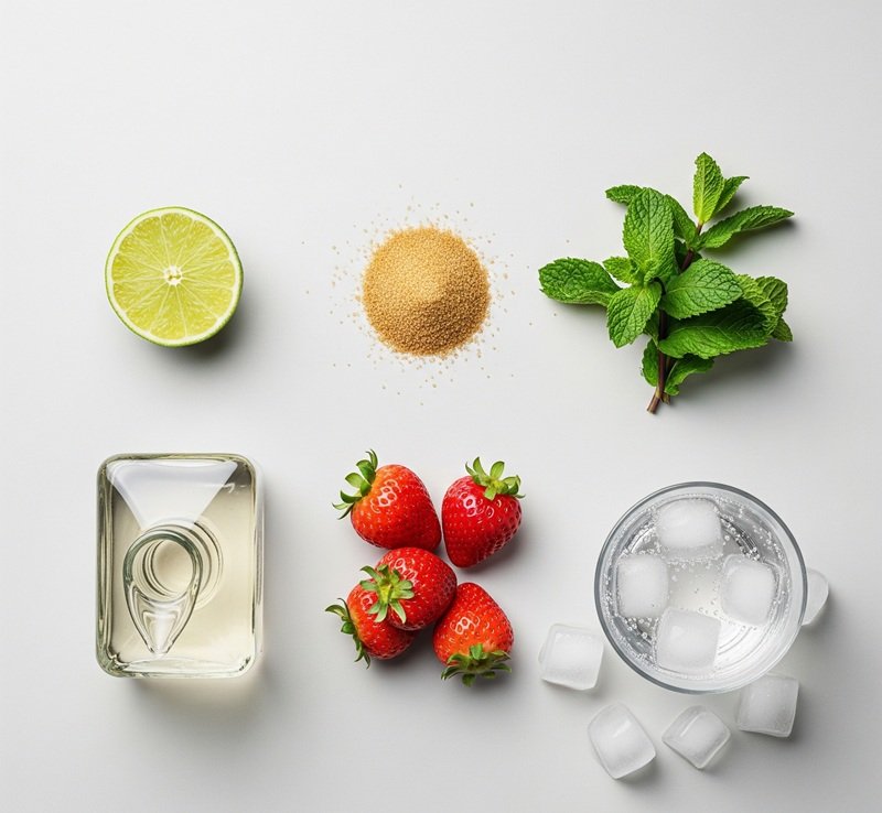 Strawberry mojito ingredients on a neutral background