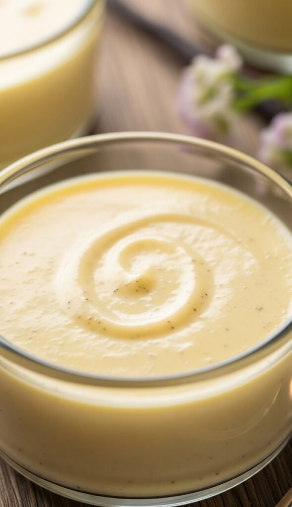 Homemade vanilla custard in a glass bowl