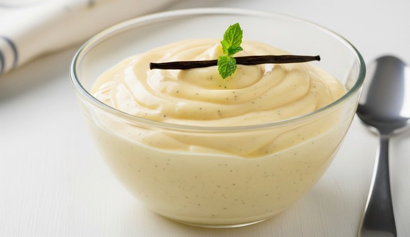 Homemade vanilla custard in a glass bowl
