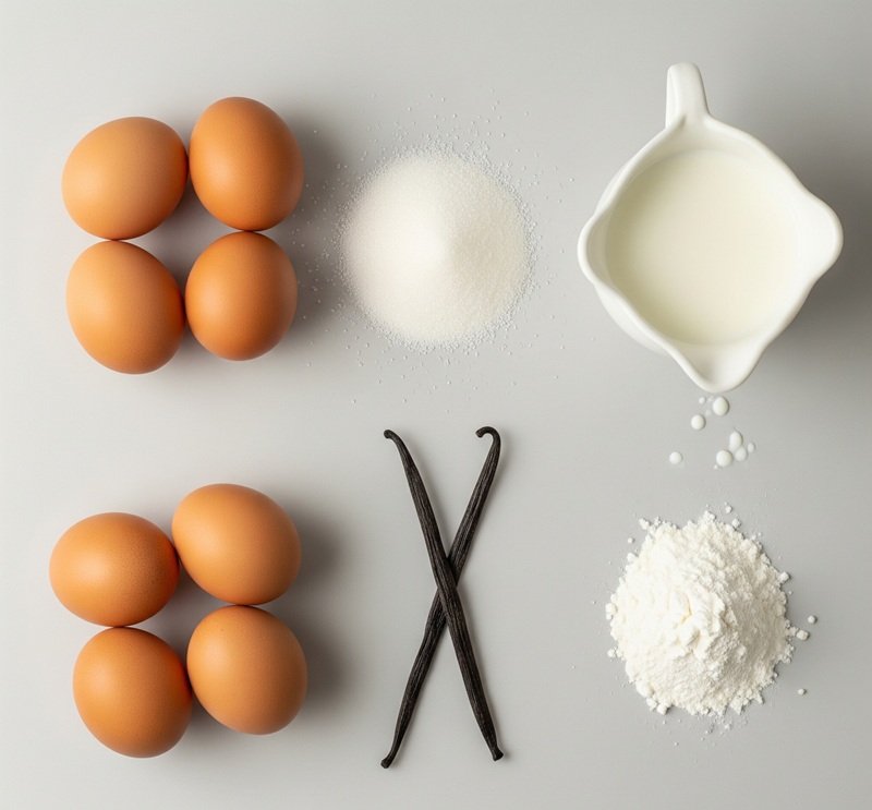Vanilla custard ingredients on a neutral background